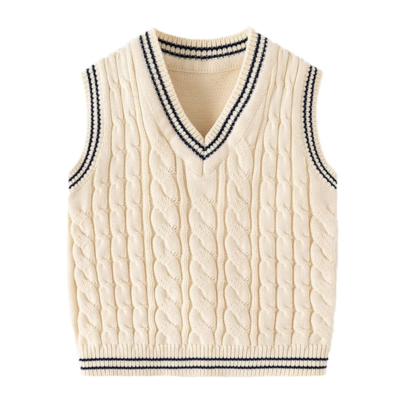 Odeerbi Toddler Boys Girls Cable Knit Sweater Vest Fall Winter Thermal Sleeveless Sweater 1-8 Years Kids Solid Color Twisted Flower Sweater V-neck Top Toddler Clothes Beige