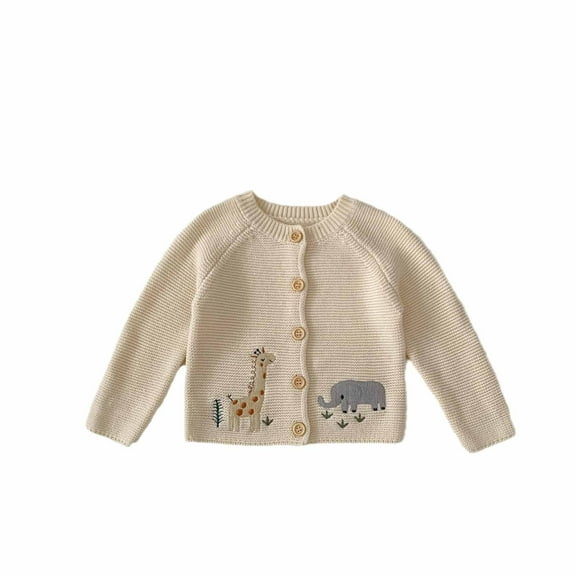 Odeerbi Toddler Boys Girls Cardigan Sweater Children's Clothing Long Sleeve Giraffe Printed Round Neck Sweater Cardigan White