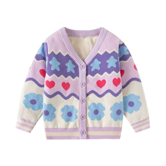 Odeerbi Toddler Boys Girls Cardigan Sweater Cotton Knit Sweater Cardigan Fashion Casual Flower Printed Double-Layer Thread Warm Sweater V-Neck Knitted Cardigan Purple