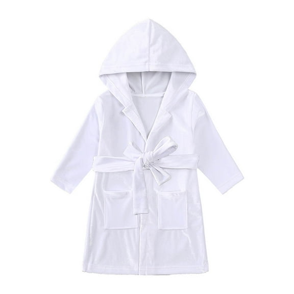 Odeerbi Toddler Boys Girls Christmas Bathrobes Kids Soft Hooded Sleepwear Thick Warm Night-robe Toddler Winter Solid Color 2025 Long Sleeved Home Wear Baby Clothes Bathrobe White 1-2 Years