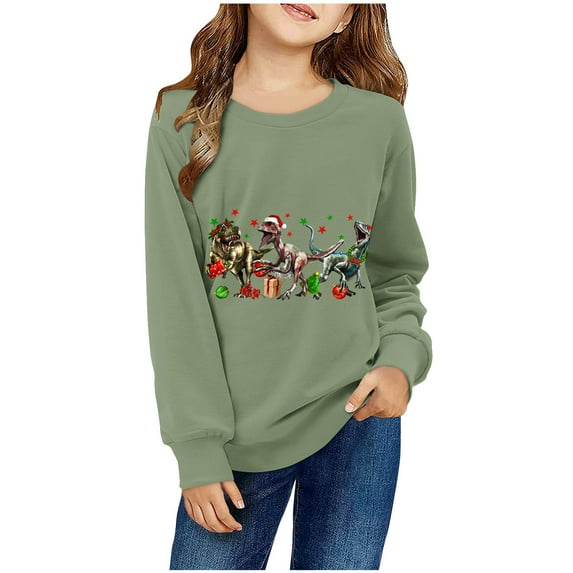 Odeerbi Kids Boys Girls Christmas Crewneck Sweatshirts Fall Winter Pullover Sweatshirt Kids Long Sleeve Christmas Pattern T-shirt Sweatshirt Top Kids Clothes Green