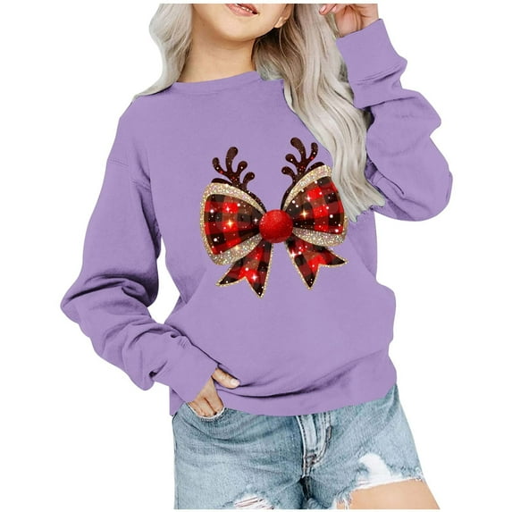 Odeerbi Toddler Boys Girls Christmas Crewneck Sweatshirts Fall Winter Pullover Sweatshirt Kids Long Sleeve Christmas Pattern T-shirt Sweatshirt Top Toddler Clothes Purple