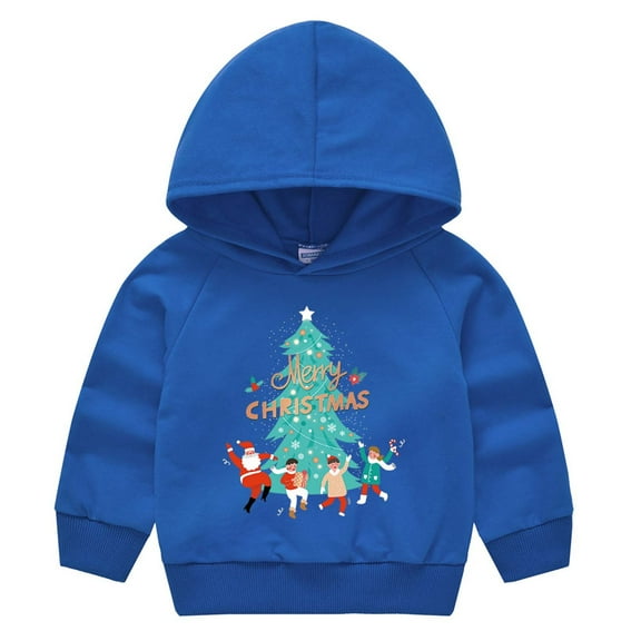 Odeerbi Toddler Boys Girls Christmas Outfit 2025 Long Sleeve Sweatshirt Children Santa Claus Print Hooded Pullover Jacket Blue