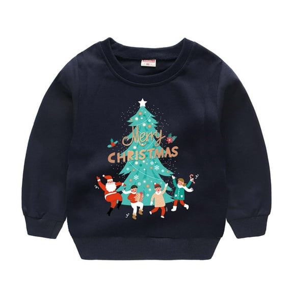Odeerbi Toddler Boys Girls Christmas Outfit 2025 Long Sleeve Sweatshirt Childrens Santa Claus Print Pullover Sweater Jacket Navy