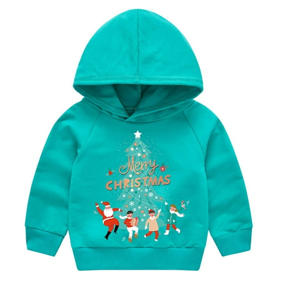Odeerbi Toddler Boys Girls Christmas Outfit 2025 Long Sleeve Sweatshirt Children Santa Claus Print Hooded Pullover Jacket Green