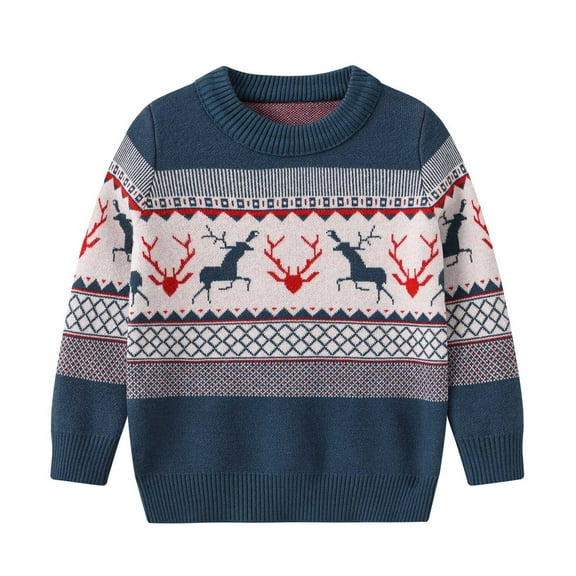 Odeerbi Toddler Boys Girls Christmas Sweater 1-12 Years Children's Winter Christmas Printed Pullover Sweater Round Neck Long Sleeve Knit Jumper Tops Blue