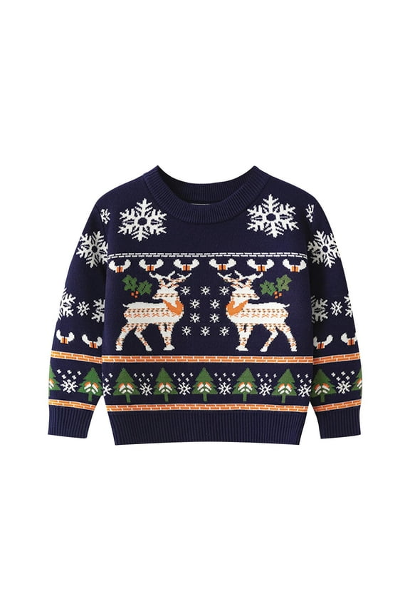 Toddler Boys Girls Christmas Sweater Children's Christmas Deer Pullover Sweater Winter Crewneck Base Knit Sweater Knit Jumper Tops Navy
