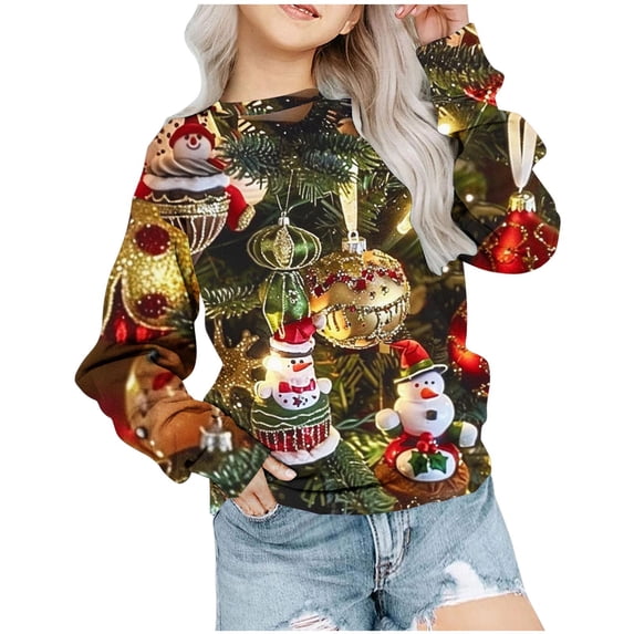 Odeerbi Toddler Boys Girls Christmas Sweatshirt Cartoon Print Crewneck Sweatshirts 1-12 Years Children's Long Sleeve Round Neck Christmas Pattern Printed T-shirt Top Olive Green