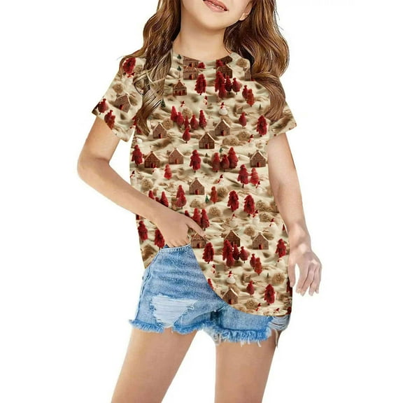 Odeerbi Toddler Boys Girls Christmas T-shirt Christmas Print Casual Short Sleeve Tops Shirt Toddler Clothes Khaki