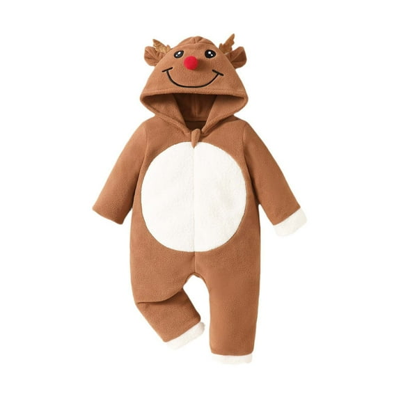 Odeerbi Kids Boys Girls Clothes Christmas Deer Rompers Winter Fleece Thermal Hooded Jumpsuits Infant Winter Bodysuit Thick Warm Outdoor Clothes Plush Christmas Onesie Brown