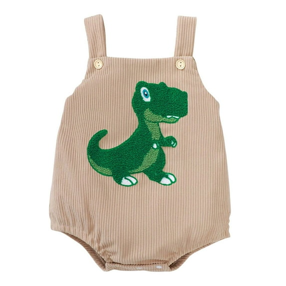 Odeerbi Baby Boys Girls Clothes Dinosaur Corduroy Embroidered Rompers Summer Jumpsuits Baby Cute Suspender Bodysuit Sleeveless Short Crawling Onesie Khaki