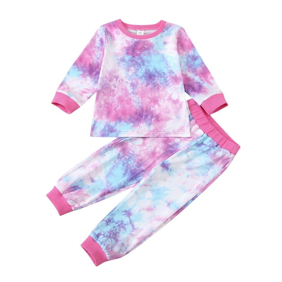 Odeerbi Toddler Boys Girls Cotton Clothes Fall Winter Pajamas Tie-dye Outfits Set New Fashion Children's Comfortable Casual Round Neck Top Jogger Pants Set Purple