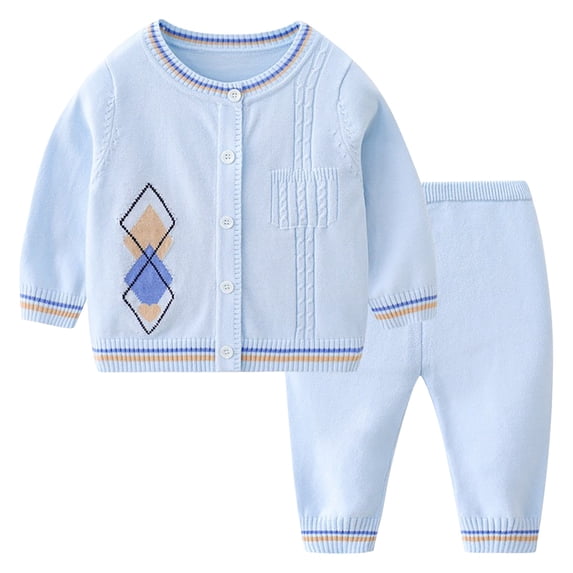 Odeerbi Toddler Boys Girls Cotton Clothes Fall Winter Thermal Outfits Set Children's Casual Cute Lace Breasted Warm Shirt Pants Two-piece Set Long Sleeve Round Neck Top Set Light Blue