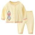 thumbnail image 1 of Odeerbi Toddler Boys Girls Cotton Clothes Fall Winter Thermal Outfits Set Children's Casual Cute Lace Breasted Warm Shirt Pants Two-piece Set Long Sleeve Round Neck Top Set Yellow, 1 of 4