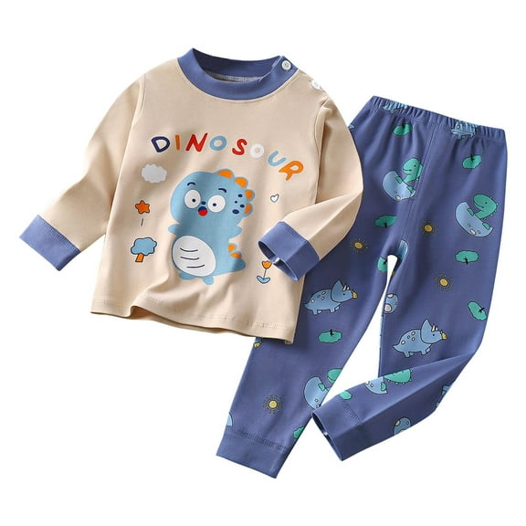 Odeerbi Toddler Boys Girls Cotton Pajama Sets Dinosaur Cartoon Printed Loungewear Baby Winter Thermal Warm Long Sleeve Home Pajamas Set Beige
