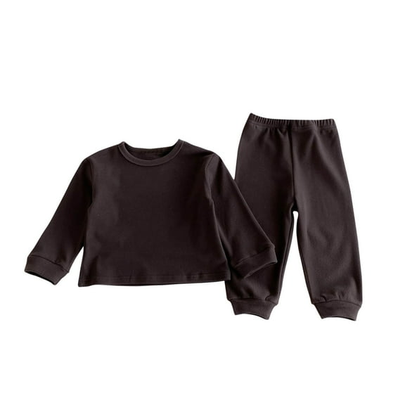 Odeerbi Toddler Boys Girls Cotton Pajama Sets Solid Color Loungewear Children's Long Sleeves Round Neck Pajamas Coffee