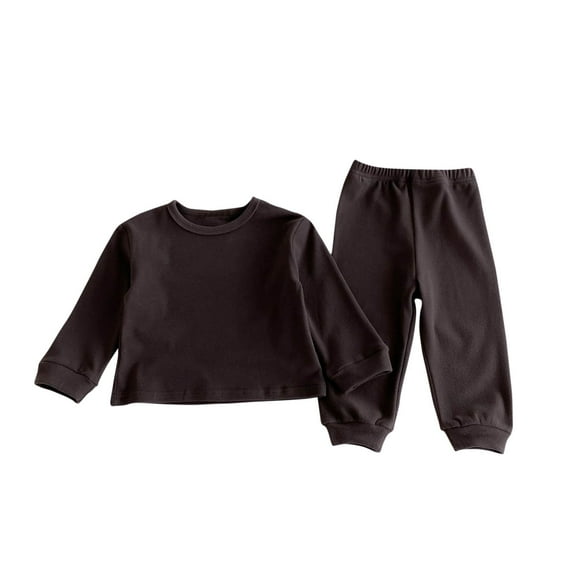 Odeerbi Toddler Boys Girls Cotton Pajama Sets Solid Color Loungewear Children's Long Sleeves Round Neck Pajamas Coffee