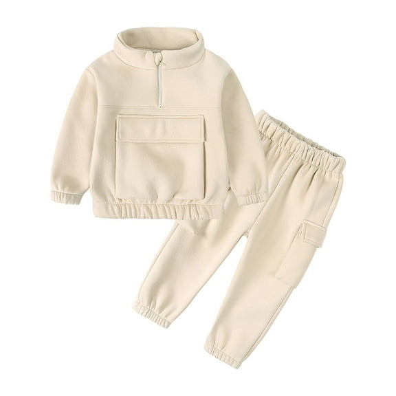 Odeerbi Toddler Boys Girls Cotton Sweatsuit Winter Children Zipper Sweater Pockets Tops Cargo Pants 2025 Casual Sports Two-piece Set Beige 4-5 Years