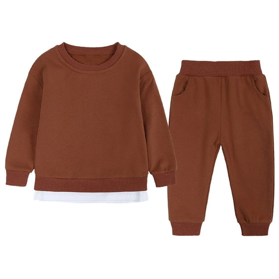 Odeerbi Toddler Boys Girls Cotton Sweatsuit Winter Crew Neck Long Sleeve 2024 Casual Gold Silk Trousers Set Brown 4-5 Years