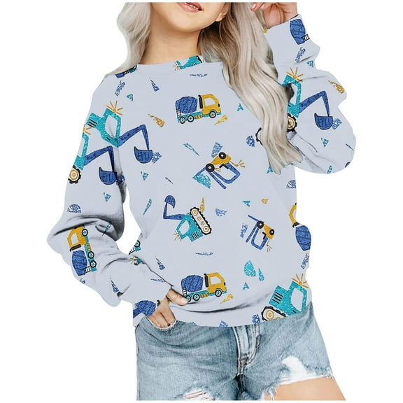 Odeerbi Toddler Boys Girls Crewneck Sweatshirts Cartoon Printed Pullover Sweatshirts 1-12 Years Children's Round Neck Long Sleeve Pattern Printed Sweatshirt Gray