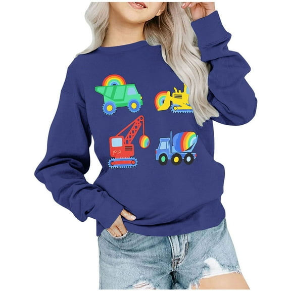 Odeerbi Toddler Boys Girls Crewneck Sweatshirts Cartoon Printed Pullover Sweatshirts 1-12 Years Children's Round Neck Long Sleeve Pattern Printed Sweatshirt Dark Blue