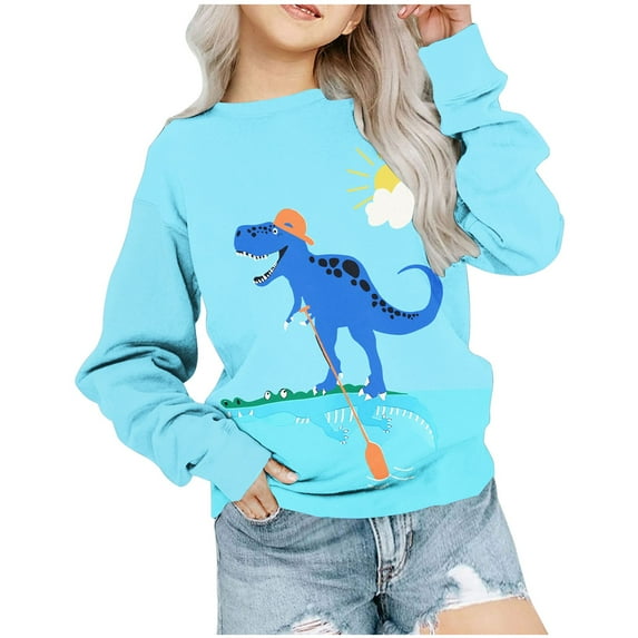 Odeerbi Toddler Boys Girls Crewneck Sweatshirts Dinosaur Pullover Sweatshirts 1-12 Years Children's Round Neck Long Sleeve Pattern Printed Sweatshirt Sky Blue