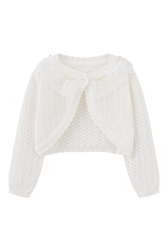 Toddler Boys Girls Crochet Knit Bolero Shrugs Cute Cardigan Children's Fashion Sweet Bow Loose Cover Up Tops Button Closure Long Sleeve Casual Knitwear Beige