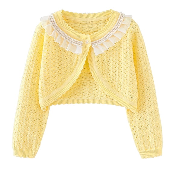 Odeerbi Toddler Boys Girls Crochet Knit Bolero Shrugs Cute Lace Cardigan Children's Fashion Sweet Bow Loose Cover Up Tops Button Closure Long Sleeve Casual Knitwear Yellow