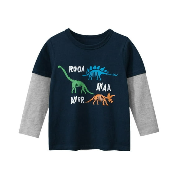 Odeerbi Toddler Boys Girls Dinosaur Long Sleeve T-Shirts Fall Winter Patchwork Twofer Cotton Base Tops Children's Round Neck Tops Shirt Gray