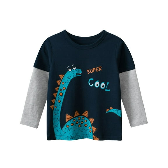 Odeerbi Toddler Boys Girls Dinosaur Long Sleeve T-Shirts Fall Winter Patchwork Twofer Cotton Base Tops Children's Round Neck Tops Shirt Navy