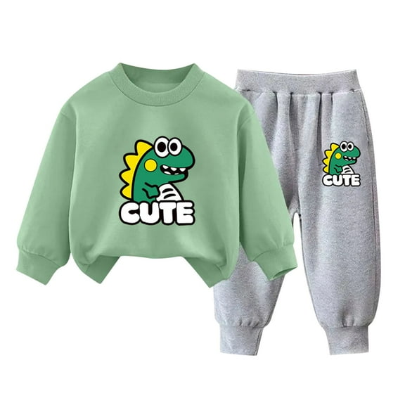 Odeerbi Toddler Boys Girls Dinosaur Sweatsuits Winter Warm Fleece Two Piece Outfits Set Cartoon Printed Sweatshirt Jogger Pants Tracksuit Set Loose Pullover Sweater Casual Hoodie Green