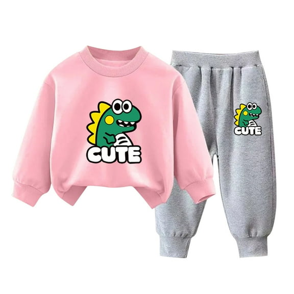 Odeerbi Toddler Boys Girls Dinosaur Sweatsuits Winter Warm Fleece Two Piece Outfits Set Cartoon Printed Sweatshirt Jogger Pants Tracksuit Set Loose Pullover Sweater Casual Hoodie Pink