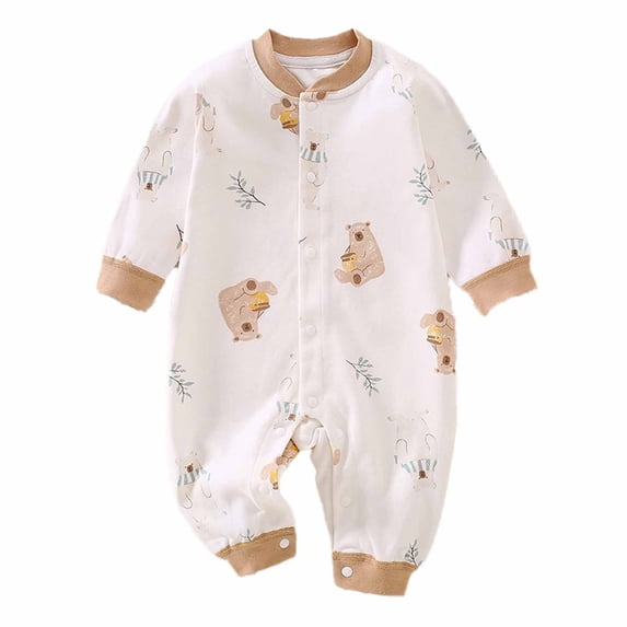 Odeerbi Toddler Boys Girls Fall Winter Long Sleeve Romper Jumpsuit Cotton Baby Clothes Toddler Baby Long Sleeve Printed Solid Color T-Shirt Round Neck Bodysuit Brown