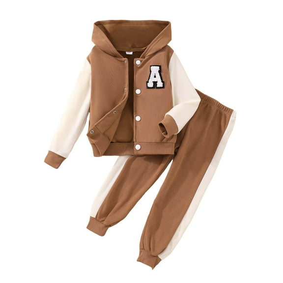 Odeerbi Toddler Boys Girls Fall Winter Outfits Button Baseball Jacket Jogger Pants Set Unisex Long Sleeve Hoodies Color Block A Patch Sweatsuits Toddler Clothes Brown