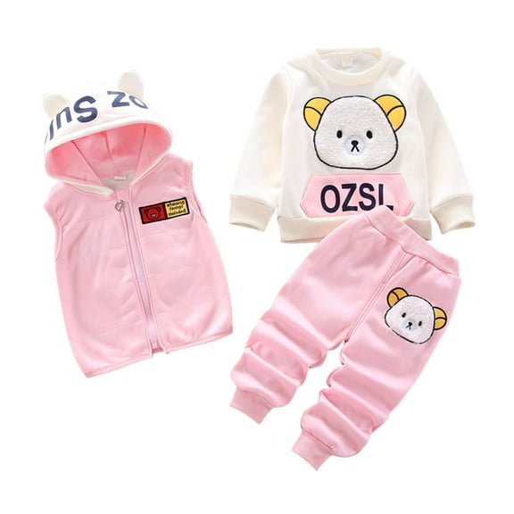 Odeerbi Toddler Boys Girls Fall Winter Outfits Double-Sided Fleece Sweatsuits with Vest Set Cartoon Print Long Sleeve Sweatshirt Sweatpants Vest Suit Three-Piece Set Toddler Clothes Pink