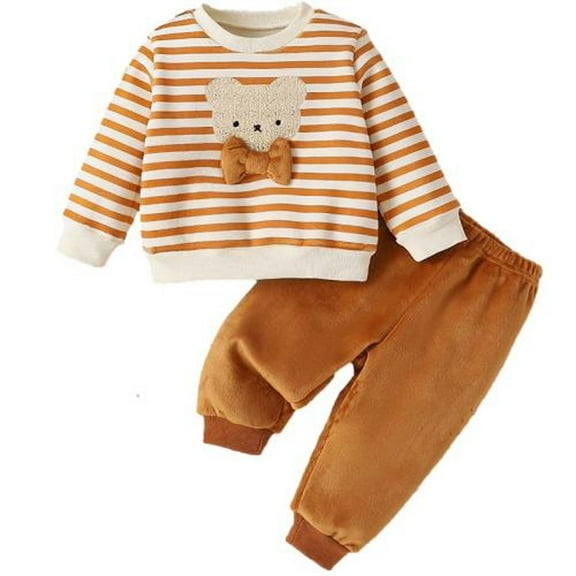 Odeerbi Toddler Boys Girls Fall Winter Outfits Fleece Velvet Sweatsuits Thermal Sweatshirt Sweatpants Set Kids Striped Bear Head Plush Warm Outerwear Suit Toddler Clothes Khaki