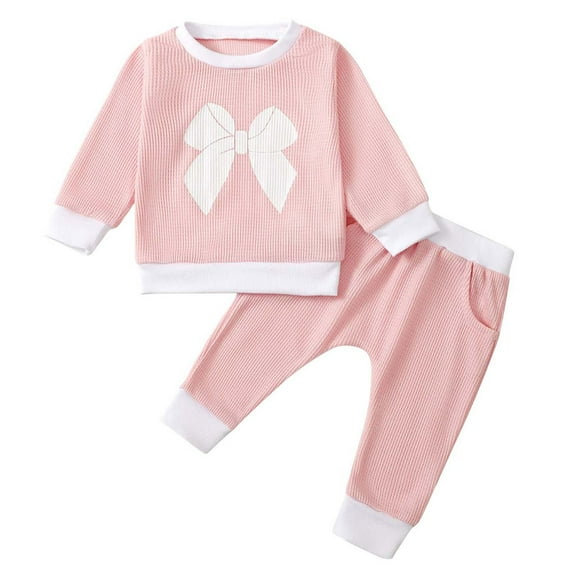 Odeerbi Toddler Boys Girls Fall Winter Outfits Long Sleeve Sweatsuits Cute Tracksuit Cute Bow Printed Sweatshirt Sweatpants Set Baby Toddler Clothes Pink
