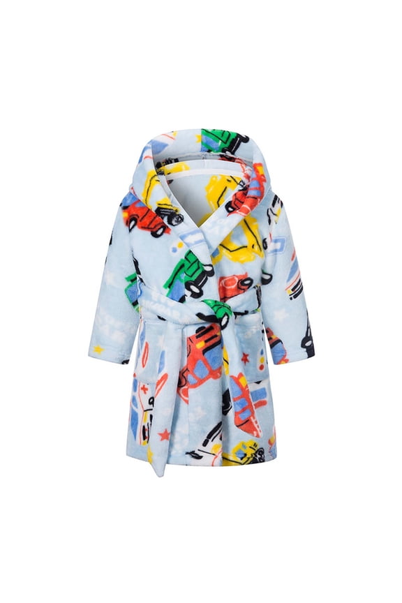 Toddler Boys Girls Flannel Bathrobes Kids Soft Hooded Sleepwear Cartoon Print Night-robe Kids Flannel Hooded Bathrobe Toddler Plush Robes With Belt Light Blue 6 Years
