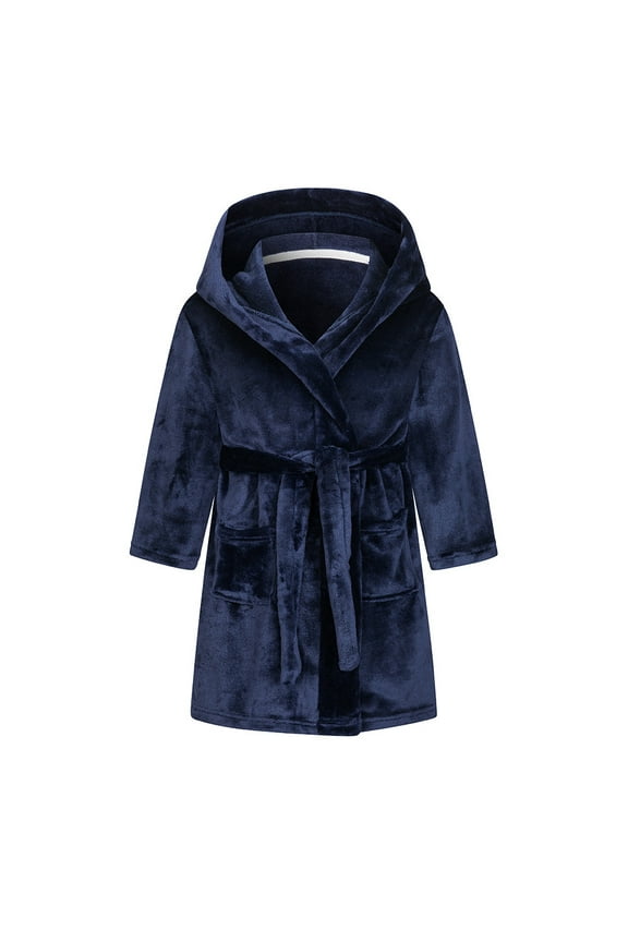 Toddler Boys Girls Flannel Bathrobes Kids Soft Hooded Sleepwear Cartoon Print Night-robe Kids Flannel Hooded Bathrobe Toddler Plush Robes With Belt Navy 3 Years