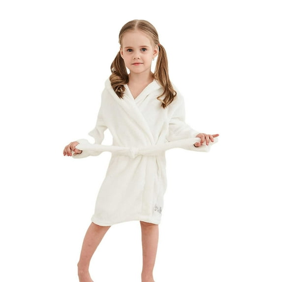 Odeerbi Toddler Boys Girls Flannel Bathrobes Kids Soft Hooded Sleepwear Cartoon Print Night-robe Kids Flannel Hooded Bathrobe Toddler Plush Robes With Belt White 3 Years