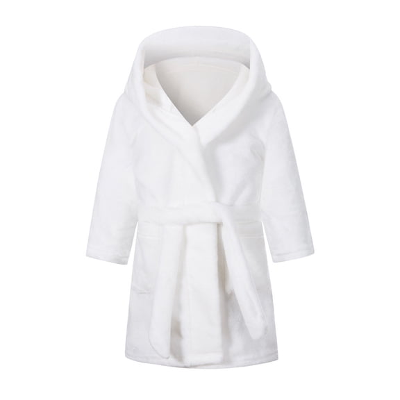 Odeerbi Toddler Boys Girls Flannel Bathrobes Kids Soft Hooded Sleepwear Cartoon Print Night-robe Kids Flannel Hooded Bathrobe Toddler Plush Robes With Belt White 4 Years