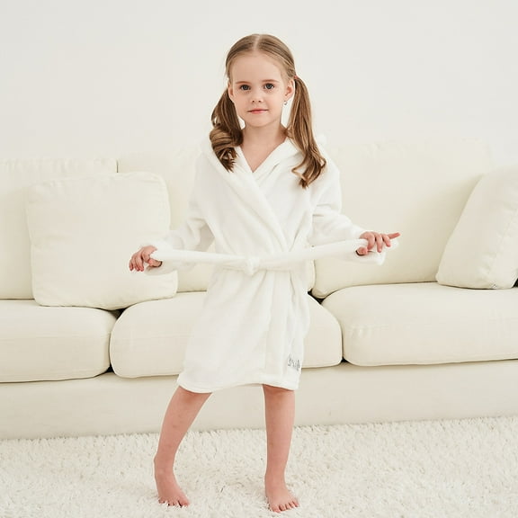 Odeerbi Toddler Boys Girls Flannel Bathrobes Kids Soft Hooded Sleepwear Cartoon Print Night-robe Kids Flannel Hooded Bathrobe Toddler Plush Robes With Belt White 2 Years