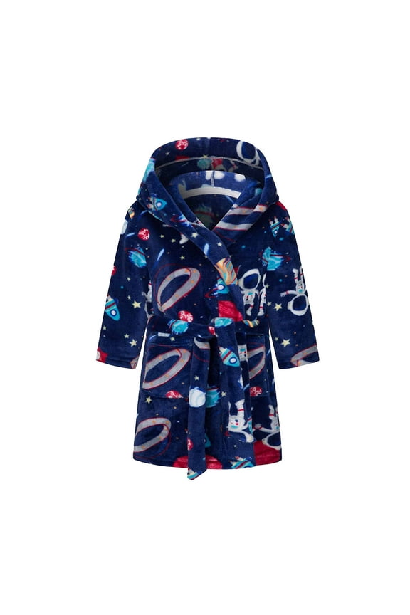 Toddler Boys Girls Flannel Bathrobes Kids Soft Hooded Sleepwear Night-robe Kids Flannel Hooded Bathrobe Sleepwear Toddler Plush Robes With Belt Navy 4 Years