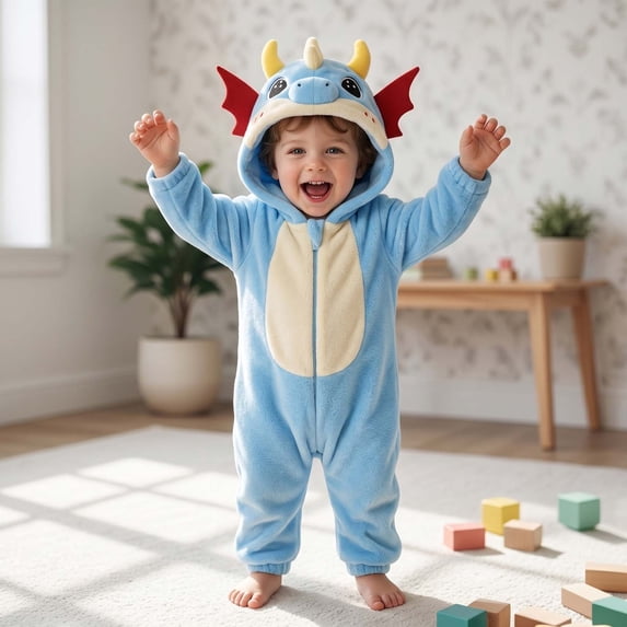 Odeerbi Toddler Boys Girls Flannel Hooded Romper Cute Dinosaur Jumpsuit Winter Thermal Clothes