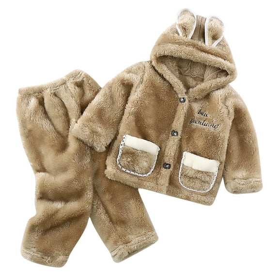 Odeerbi Toddler Boys Girls Flannel Pajama Sets Winter Warm Fleece Loungewear Children's Flannel Hooded Sleepwear Set Long Pants Thickened Home Clothes Set Khaki