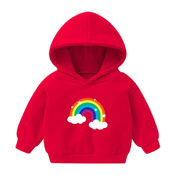 Odeerbi Toddler Boys Girls Fleece Hoodies Rainbow Pattern Pullover Hooded Sweatshirts Children's Printed Long Sleeve Round Neck Hooded Sweatshirt Red