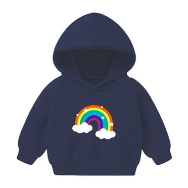 Odeerbi Toddler Boys Girls Fleece Hoodies Rainbow Pattern Pullover Hooded Sweatshirts Children's Printed Long Sleeve Round Neck Hooded Sweatshirt Dark Blue