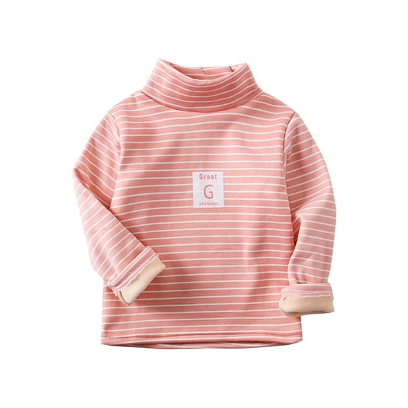 Odeerbi Toddler Boys Girls Fleece Lined Long Sleeve Tees Turtleneck Basic Layering T-shirt Children's Winter Thermal Base Layer Shirt Pattern Printed Round Neck Cotton Top Pink