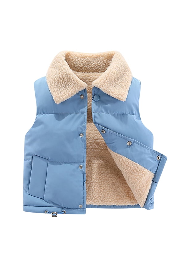 Toddler Boys Girls Fleece Lined Puffer Vest Fall Winter Thermal Gilet Down Vest Kids Cute Solid Color Plush Thick Keep Warm Sleeveless Jacket Coat Toddler Clothes Blue