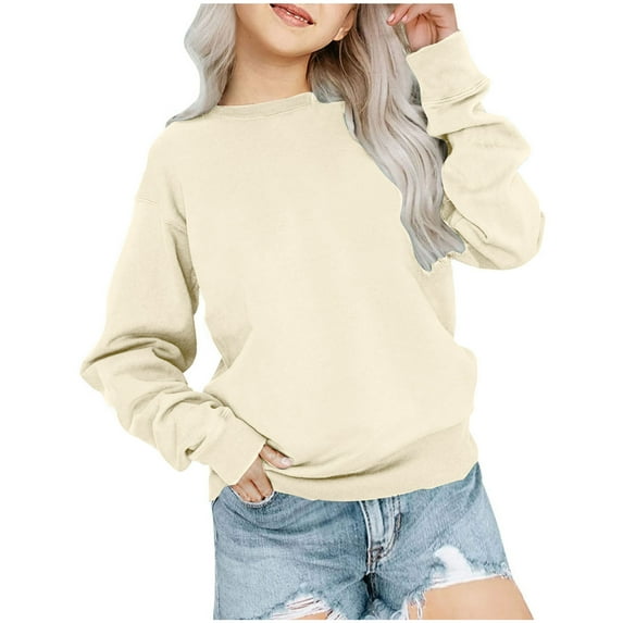 Odeerbi Toddler Boys Girls Fleece Lined Sweatshirt Kids Toddler Long Sleeve Cotton Sweatshirt 2025 Casual Round Neck Pullover Top Teen Girl Clothes Beige 4-5 Years